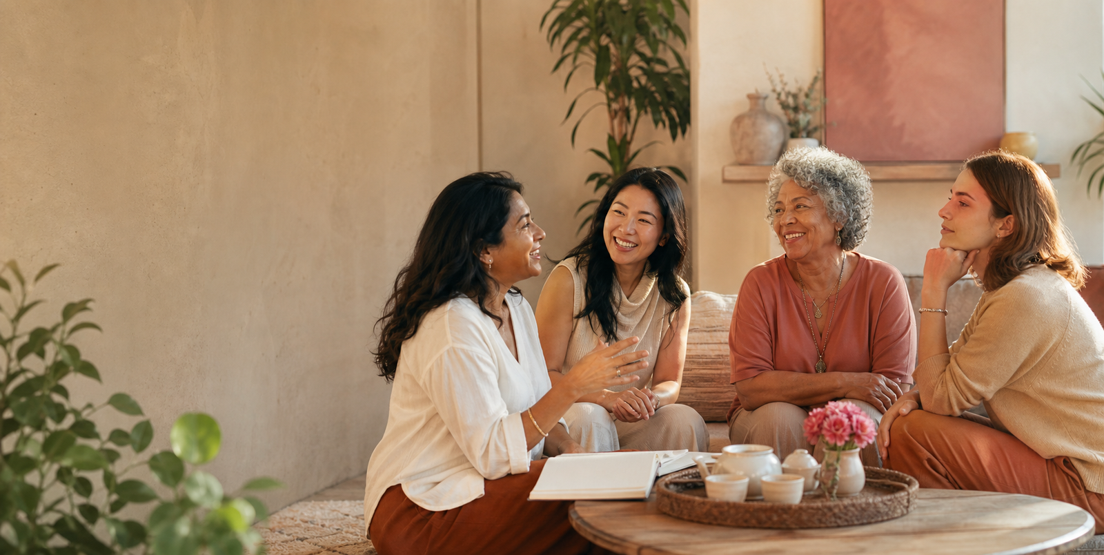 Four women sharing a warm conversation in a home gathering space